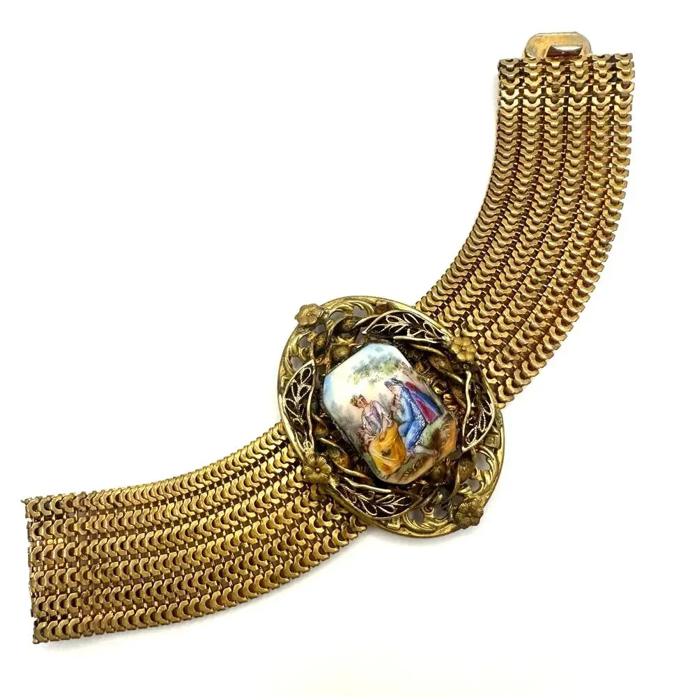Vintage Victorian Revival gold tone hand painted portrait mesh bracelet